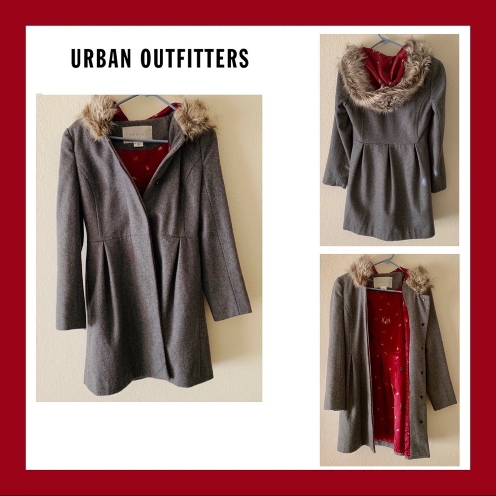 Urban Outfitters Gray Trench Coat with Faux Fur Collar